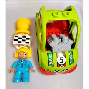 Lego Duplo OCTAN GREEN CAR #5 Vehicle Race Driver Crew Trophy Checkered Brick